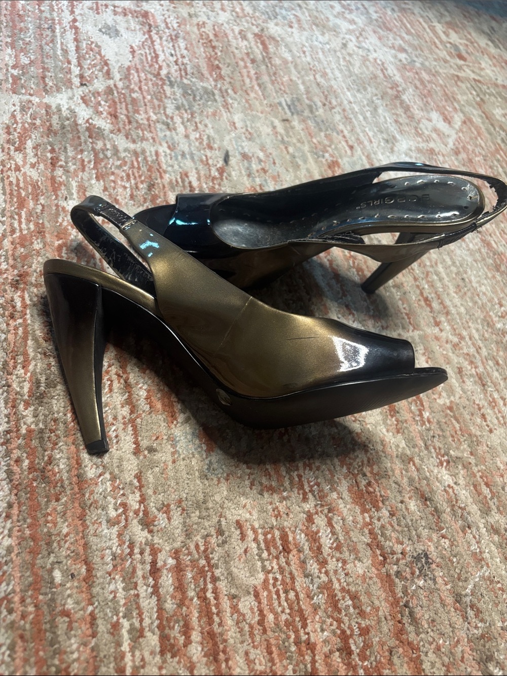 BCBGirls Metallic Black and Gold Slingback Peep-Toe Heels